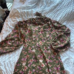 Forever 21 Olive Green Floral Midi Dress with Pink Blooms